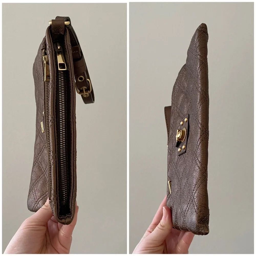 Marc Jacobs Made in Italy Brown Metallic Quilted Leather Wristlet Clutch Pouch